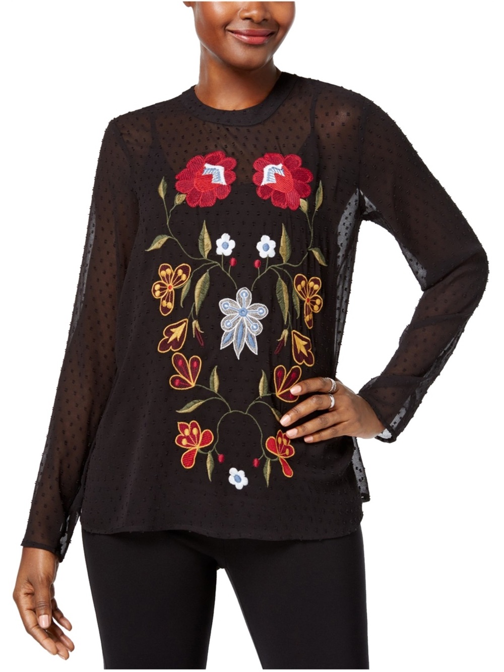 Zara Black Sheer Blouse with Multicolor Floral Embroidery